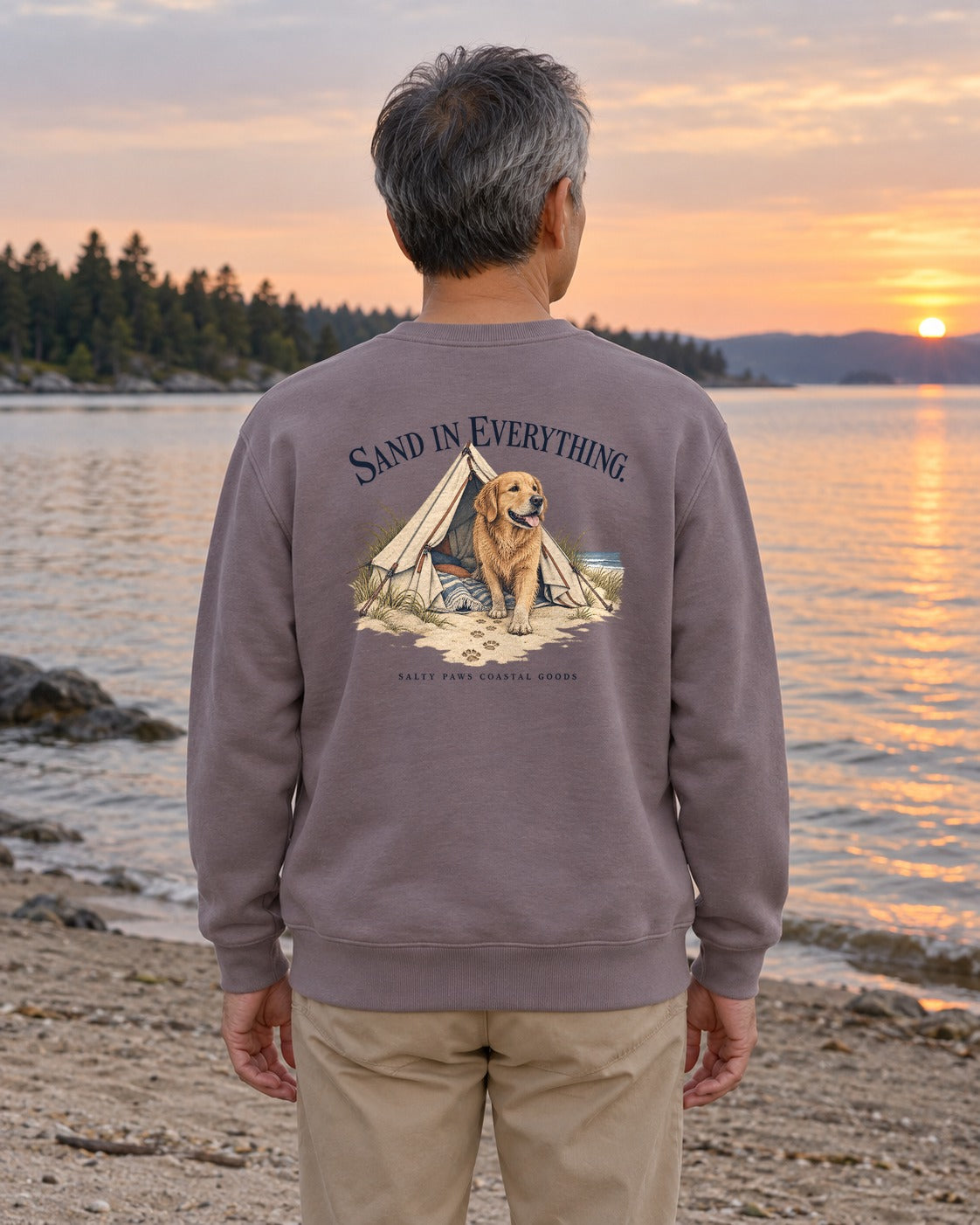 Sand in Everything Golden Retriever Salty Paws Coastal Goods Back Design Midweight Sweatshirt in Paragon, worn by a model, Salty Paws back design