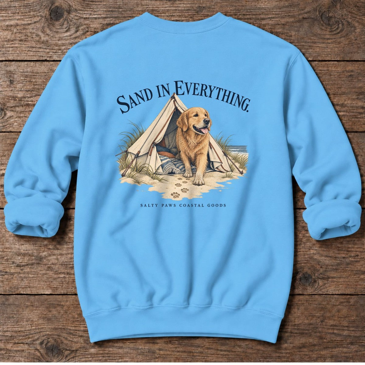 Sand in Everything Golden Retriever Salty Paws Coastal Goods Back Design Midweight Sweatshirt in Sky, Salty Paws Midweight Sweatshirt, back design flat lay