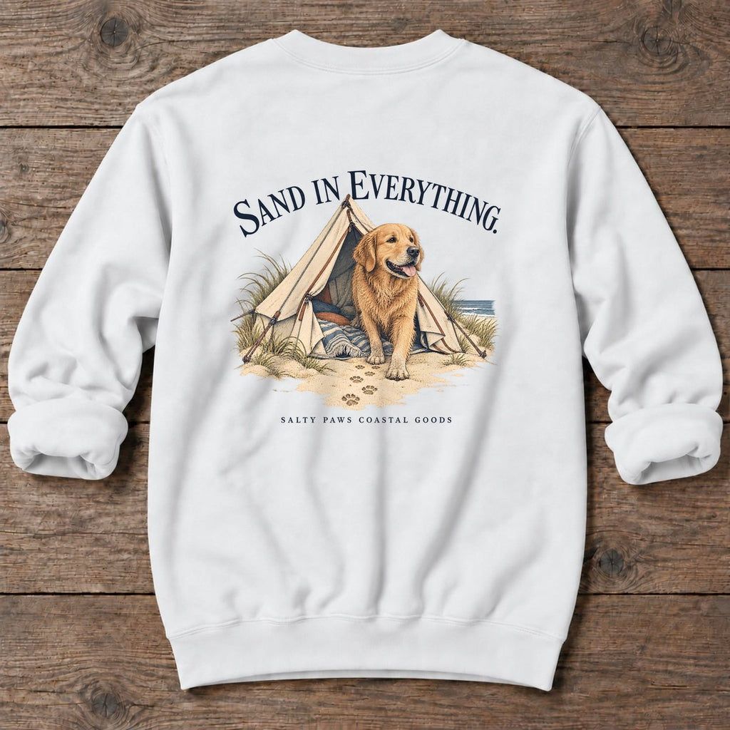 Sand in Everything Golden Retriever Salty Paws Coastal Goods Back Design Midweight Sweatshirt in White, Salty Paws Midweight Sweatshirt, back design flat lay