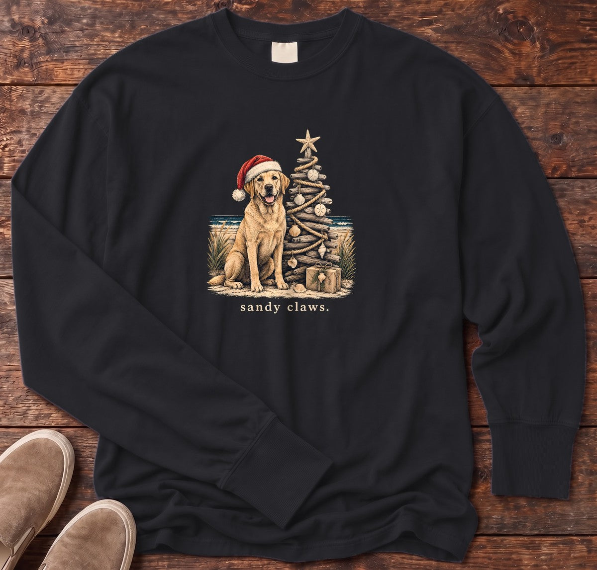 Sandy Claws Coastal Christmas Long Sleeve Tee in Black, Salty Paws Comfort Colors Long Sleeve Tee, front design flat lay
