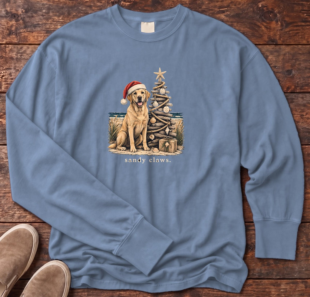 Sandy Claws Coastal Christmas Long Sleeve Tee in Blue Jean, Salty Paws Comfort Colors Long Sleeve Tee, front design flat lay