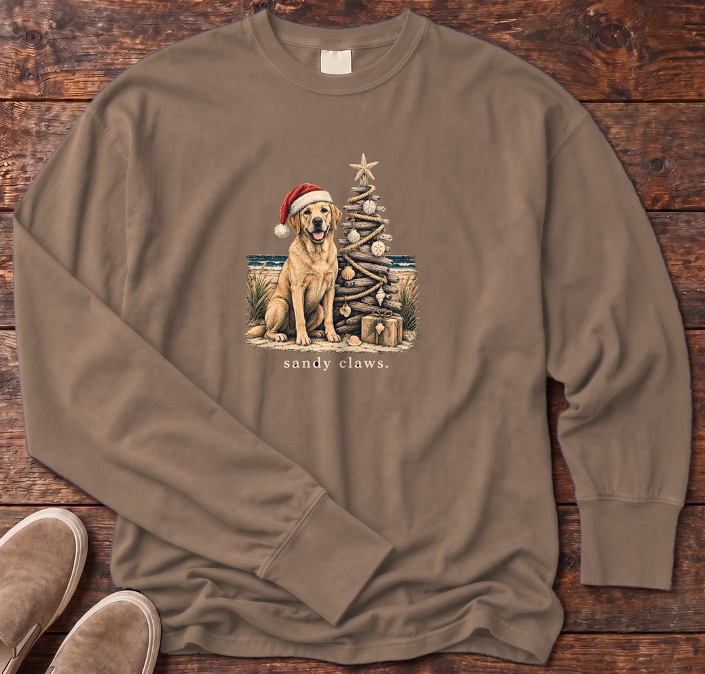Sandy Claws Coastal Christmas Long Sleeve Tee in Espresso, Salty Paws Comfort Colors Long Sleeve Tee, front design flat lay