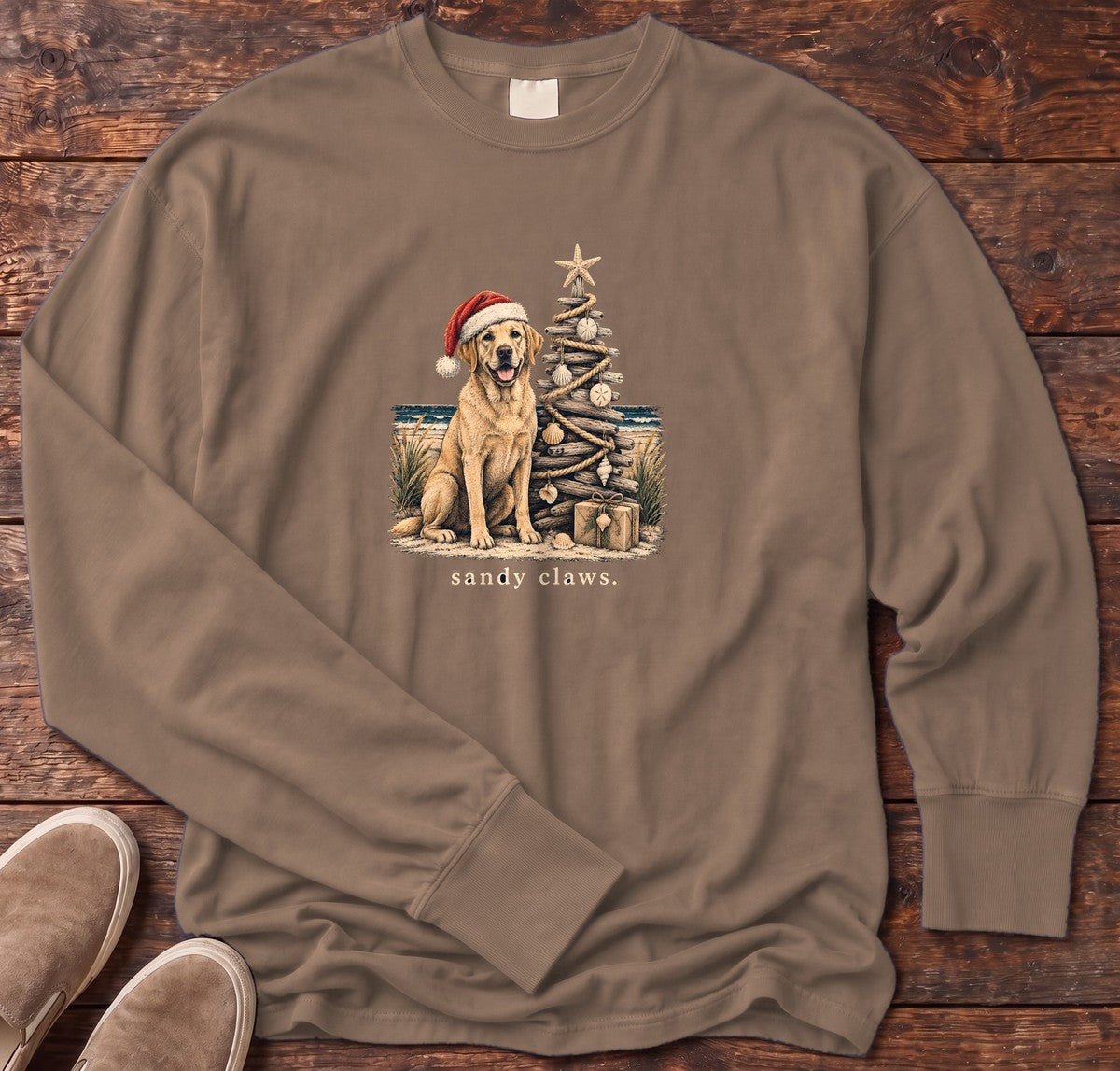 Sandy Claws Coastal Christmas Long Sleeve Tee in Espresso, Salty Paws Comfort Colors Long Sleeve Tee, front design flat lay