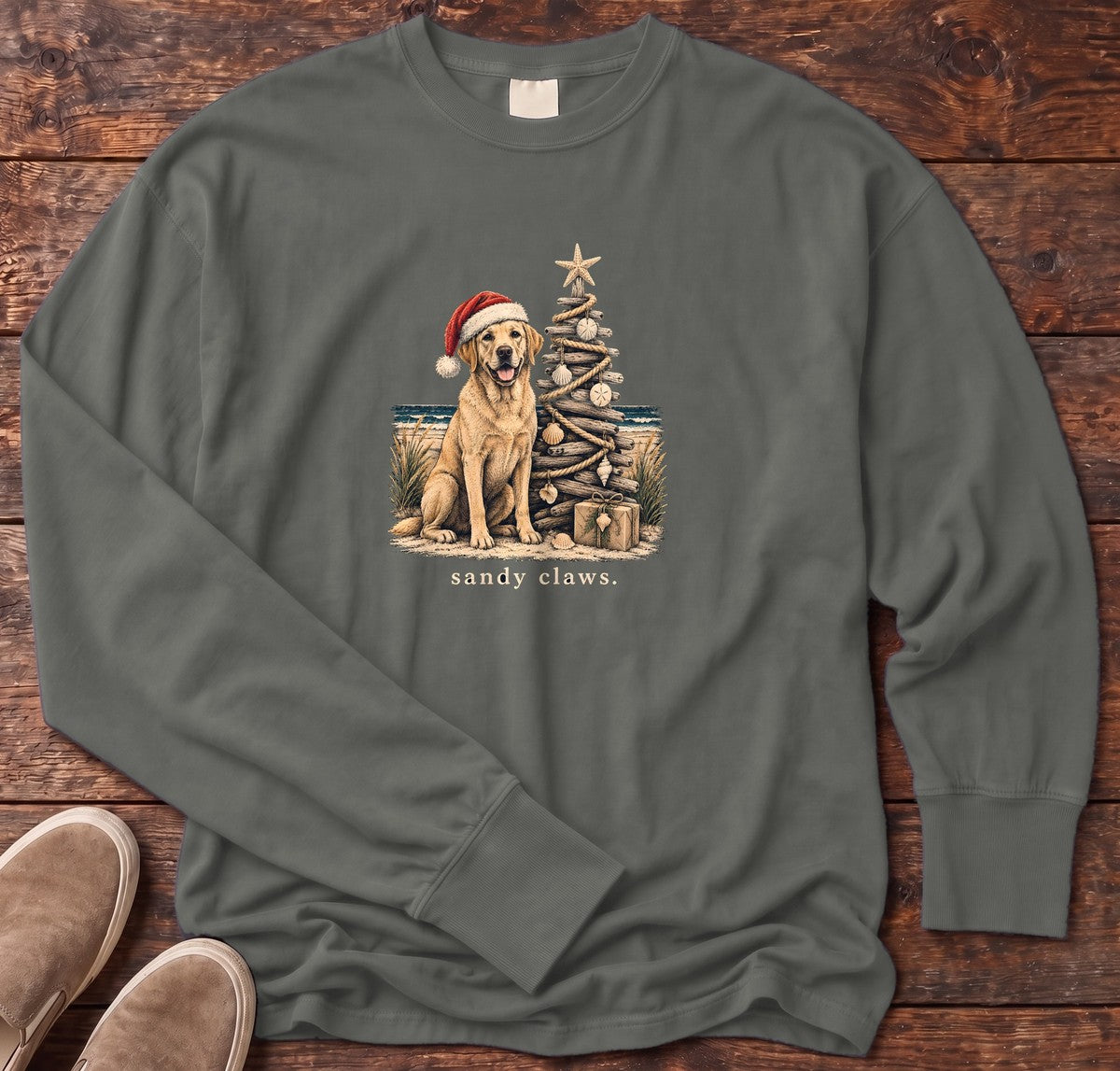 Sandy Claws Coastal Christmas Long Sleeve Tee in Pepper, Salty Paws Comfort Colors Long Sleeve Tee, front design flat lay