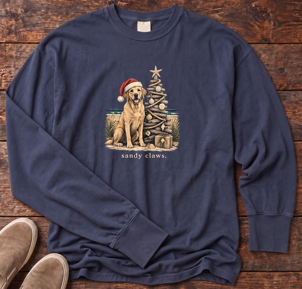 Sandy Claws Coastal Christmas Long Sleeve Tee in True Navy, Salty Paws Comfort Colors Long Sleeve Tee, front design flat lay