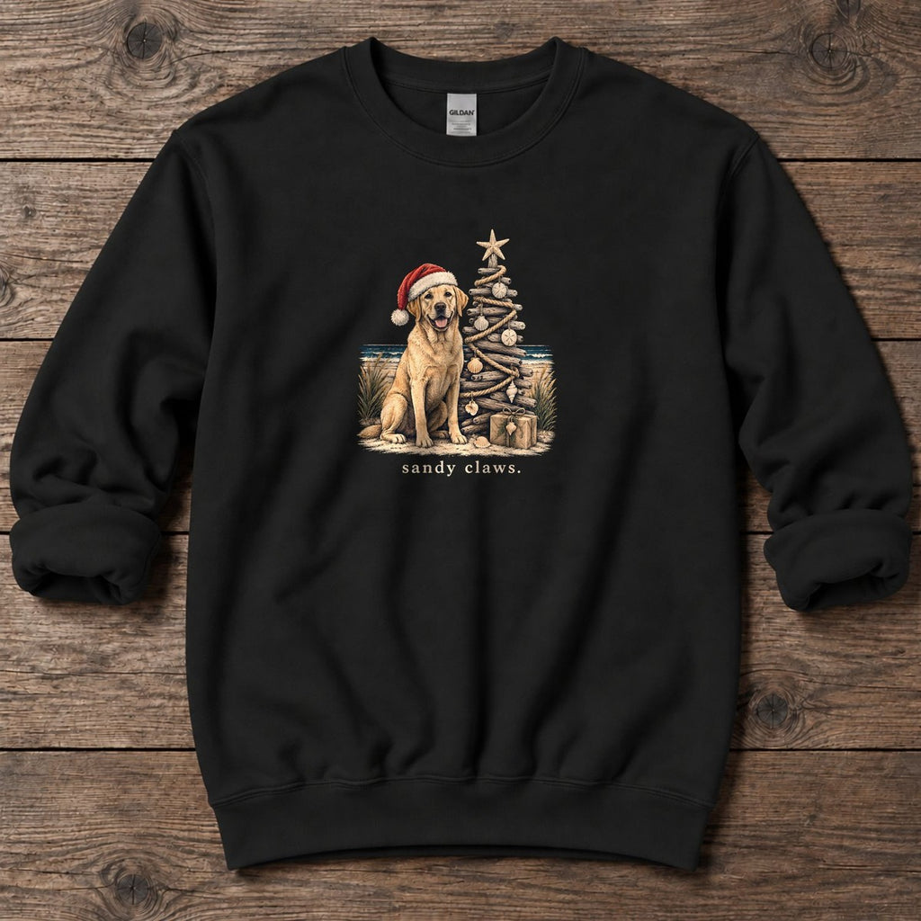 Sandy Claws Coastal Christmas Midweight Sweatshirt in Black, Salty Paws Midweight Sweatshirt, front design flat lay