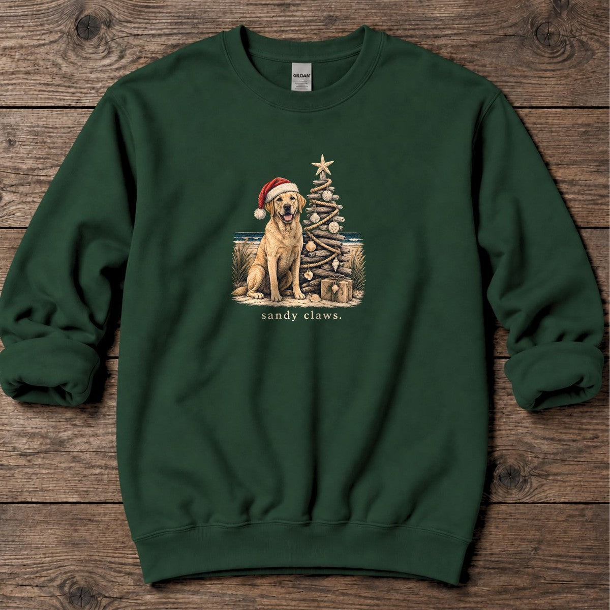 Sandy Claws Coastal Christmas Midweight Sweatshirt in Forest Green, Salty Paws Midweight Sweatshirt, front design flat lay