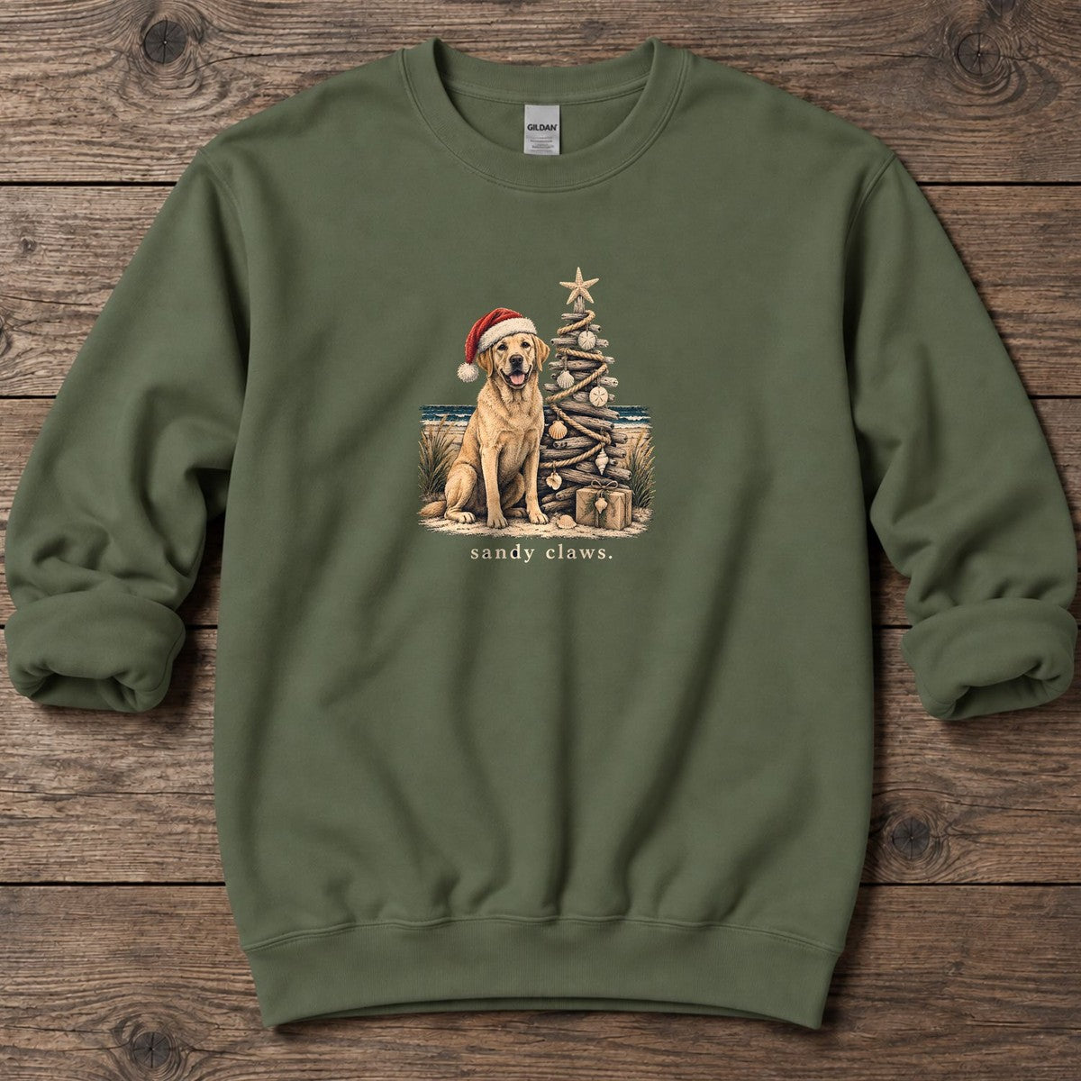 Sandy Claws Coastal Christmas Midweight Sweatshirt in Military Green, Salty Paws Midweight Sweatshirt, front design flat lay