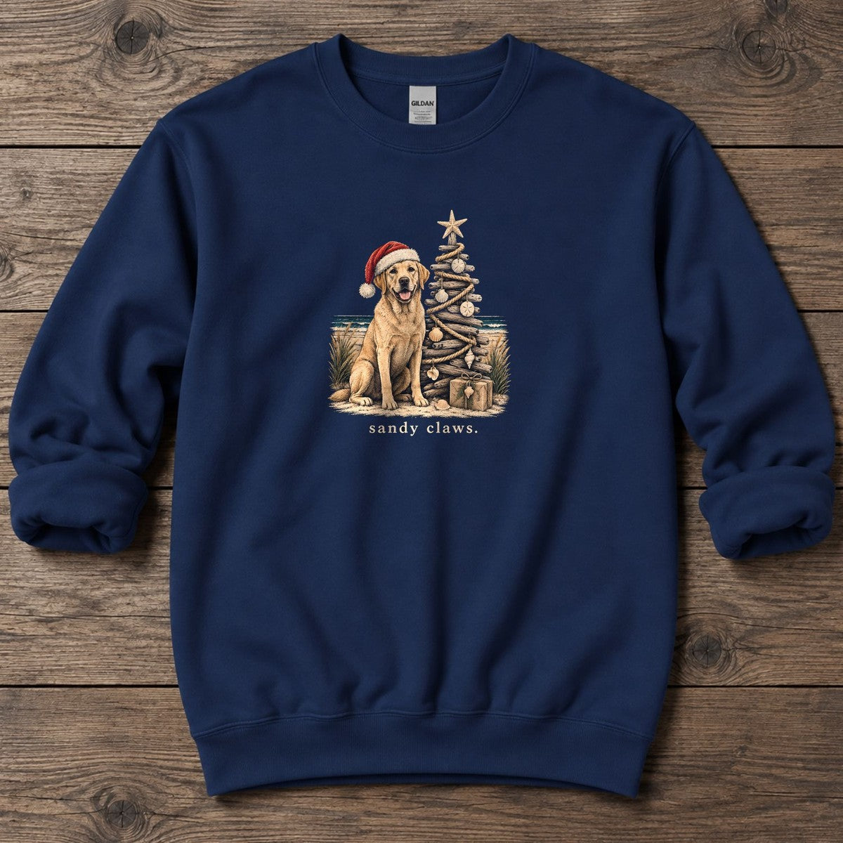 Sandy Claws Coastal Christmas Midweight Sweatshirt in Navy, Salty Paws Midweight Sweatshirt, front design flat lay