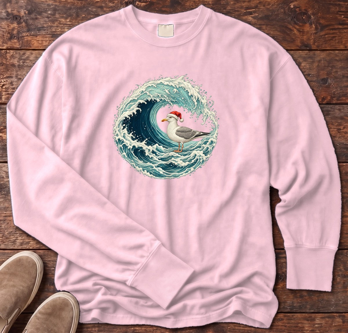 Santa Seagull Wave Long Sleeve Tee in Blossom, Salty Paws Comfort Colors Long Sleeve Tee, front design flat lay