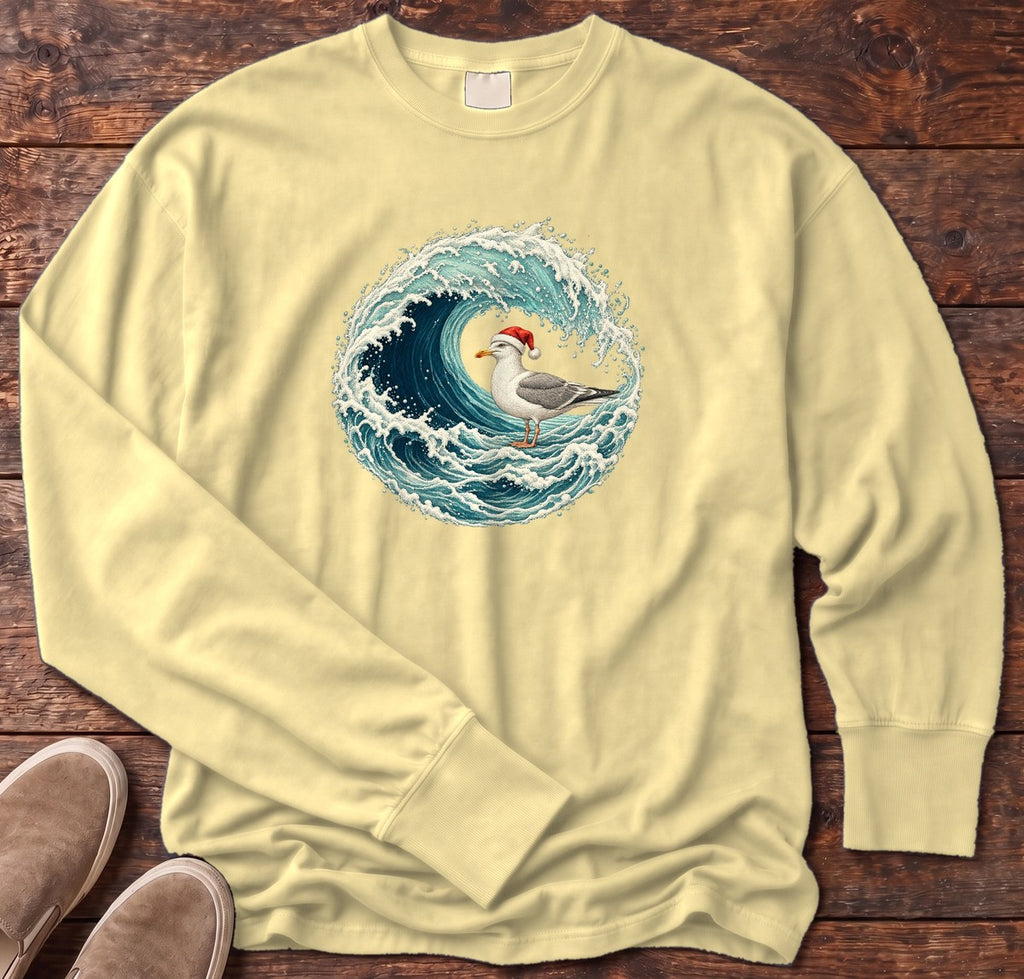 Santa Seagull Wave Long Sleeve Tee in Butter, Salty Paws Comfort Colors Long Sleeve Tee, front design flat lay