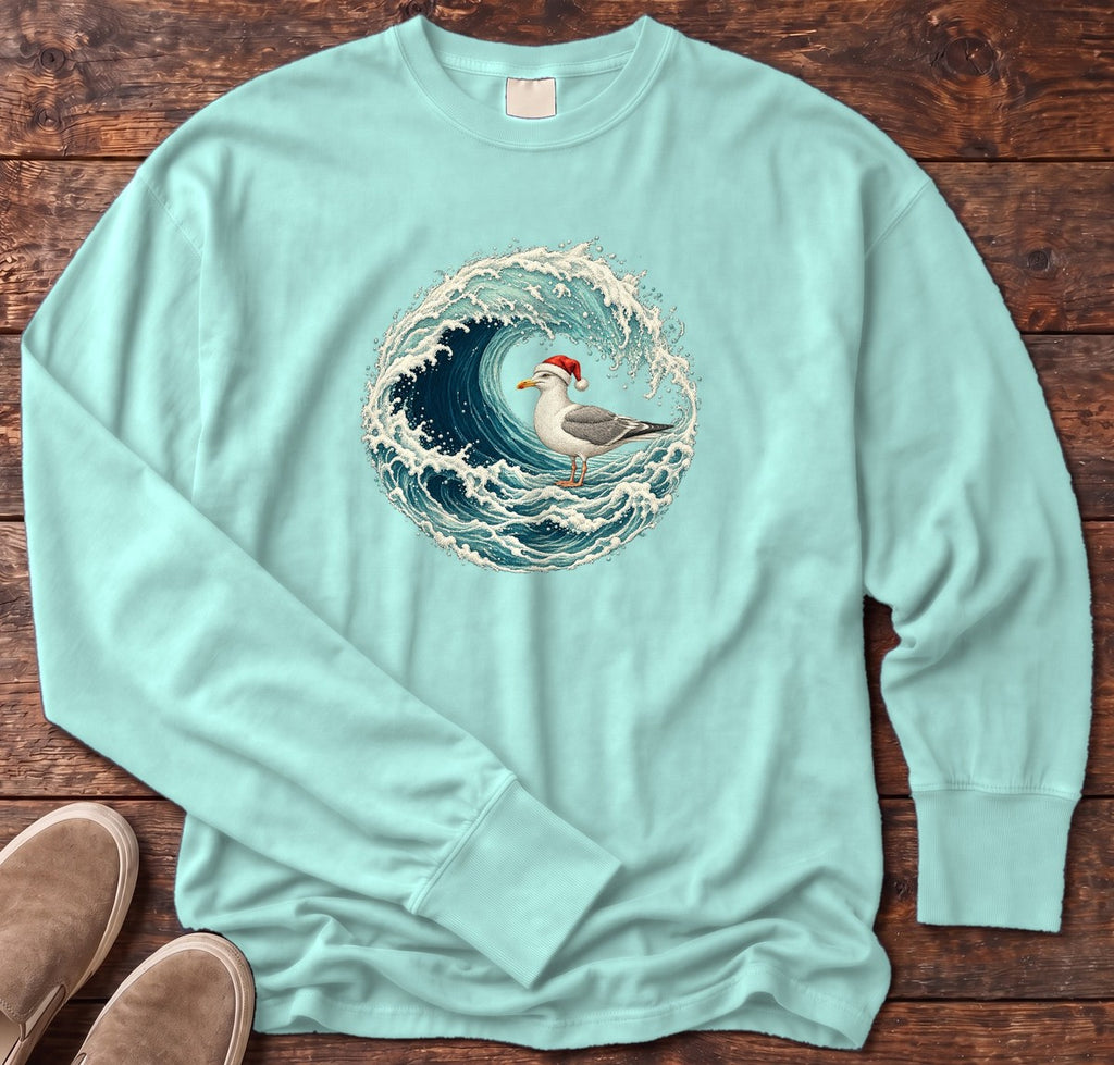 Santa Seagull Wave Long Sleeve Tee in Chalky Mint, Salty Paws Comfort Colors Long Sleeve Tee, front design flat lay
