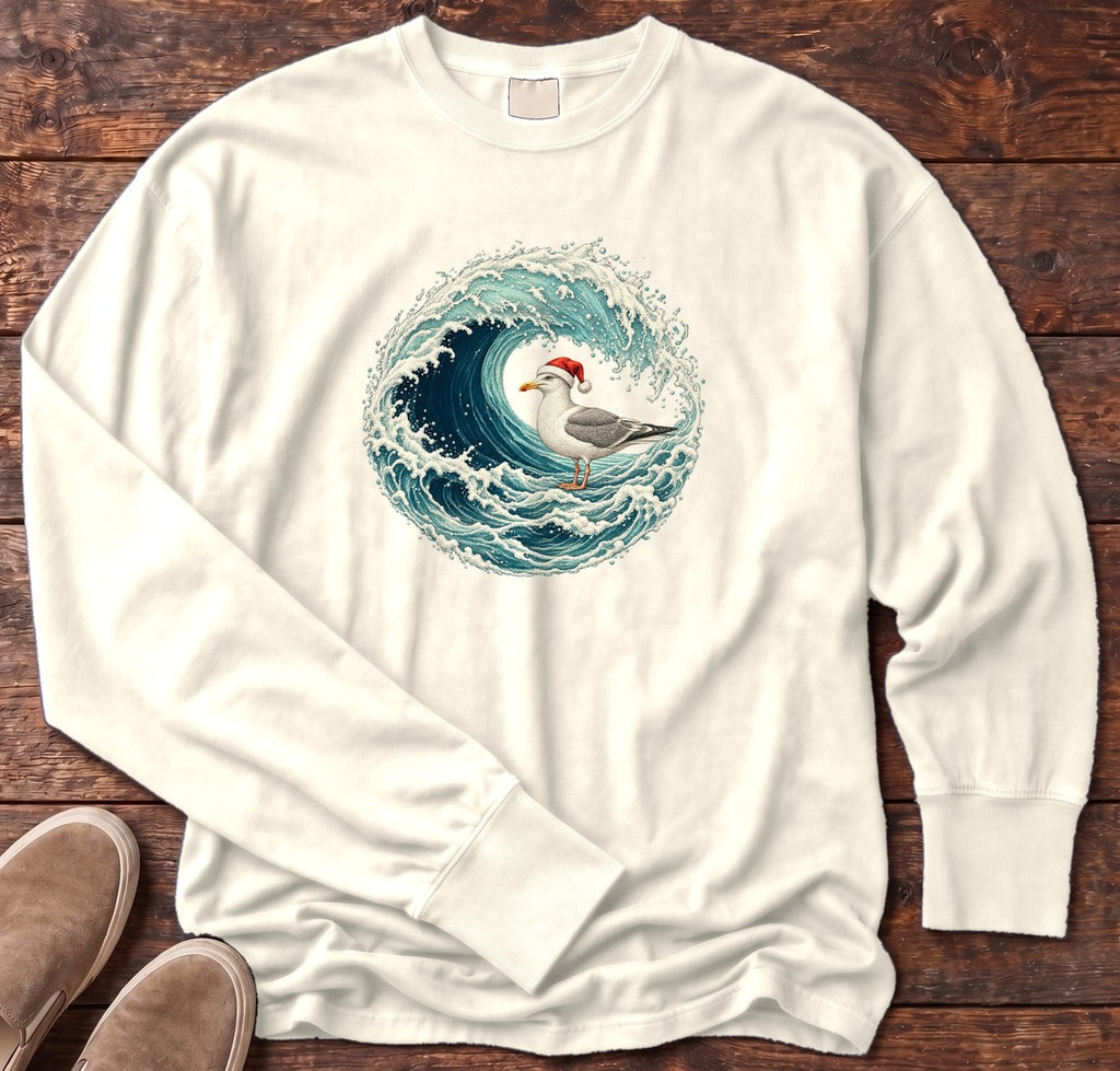 Santa Seagull Wave Long Sleeve Tee in Ivory, Salty Paws Comfort Colors Long Sleeve Tee, front design flat lay