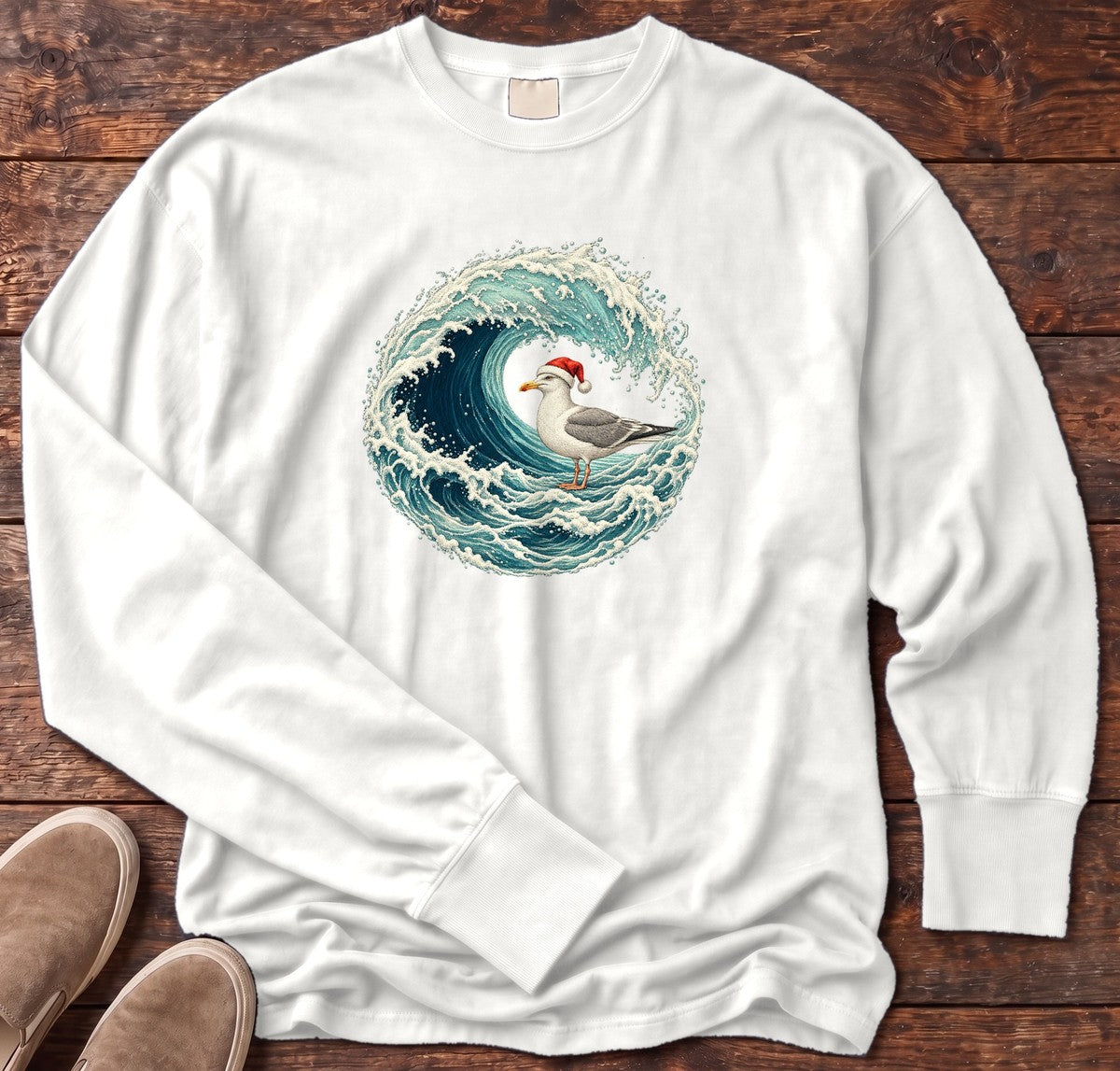Santa Seagull Wave Long Sleeve Tee in White, Salty Paws Comfort Colors Long Sleeve Tee, front design flat lay