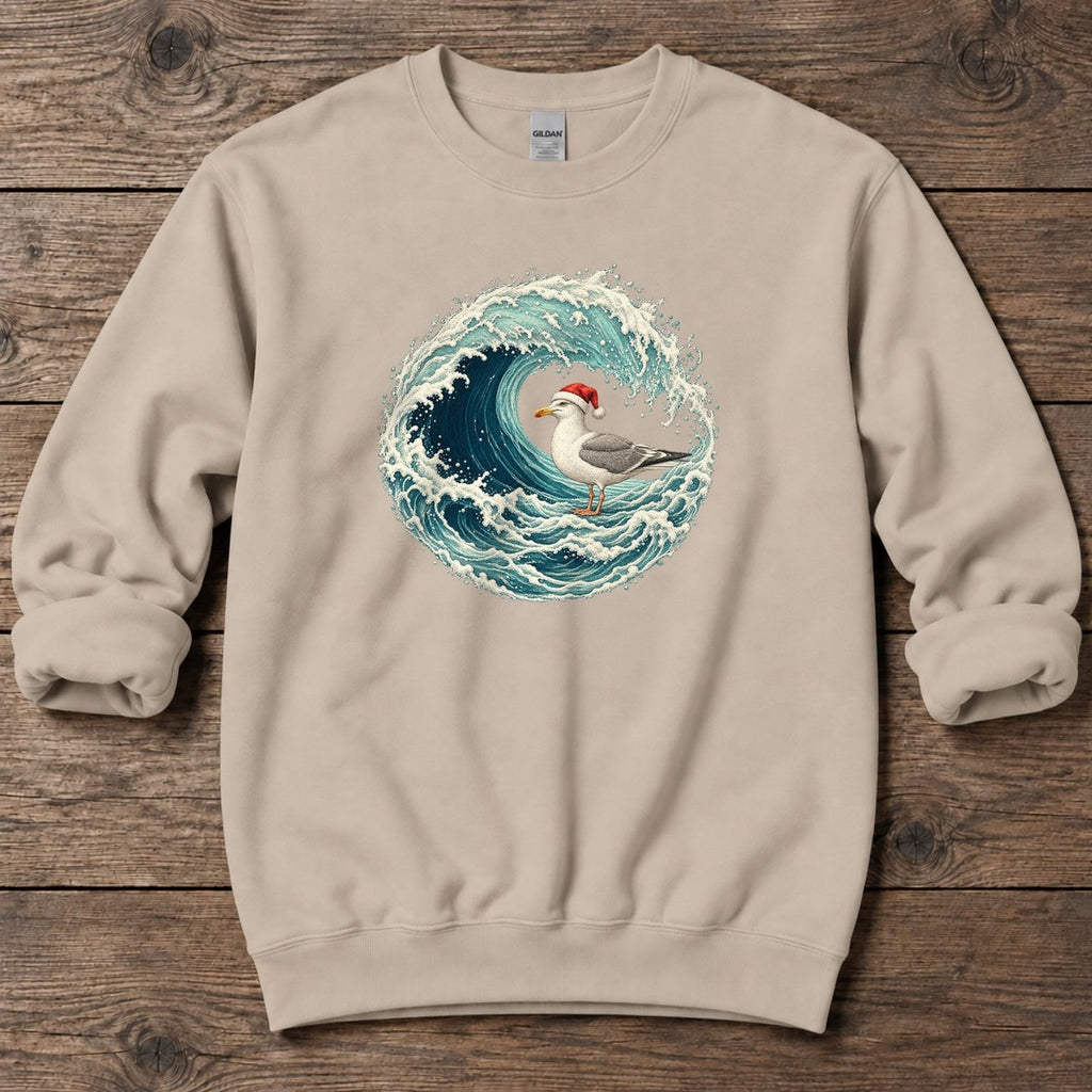 Santa Seagull Wave Midweight Sweatshirt in Sand, Salty Paws Midweight Sweatshirt, front design flat lay