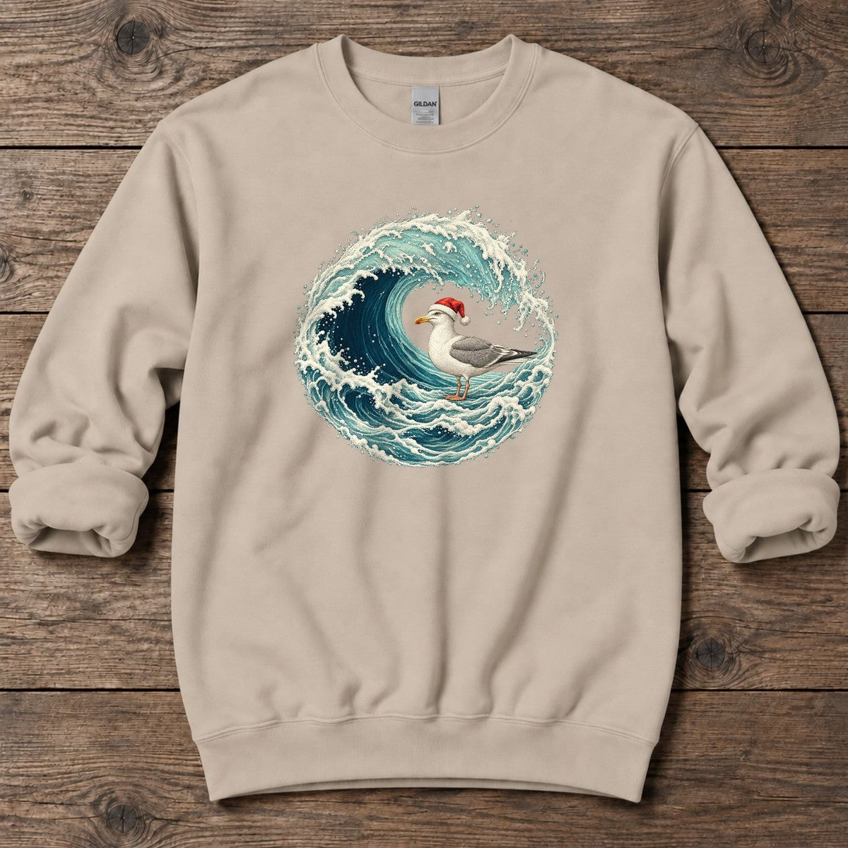Santa Seagull Wave Midweight Sweatshirt in Sand, Salty Paws Midweight Sweatshirt, front design flat lay