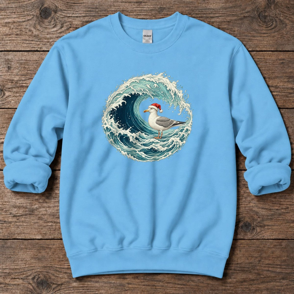 Santa Seagull Wave Midweight Sweatshirt in Sky, Salty Paws Midweight Sweatshirt, front design flat lay