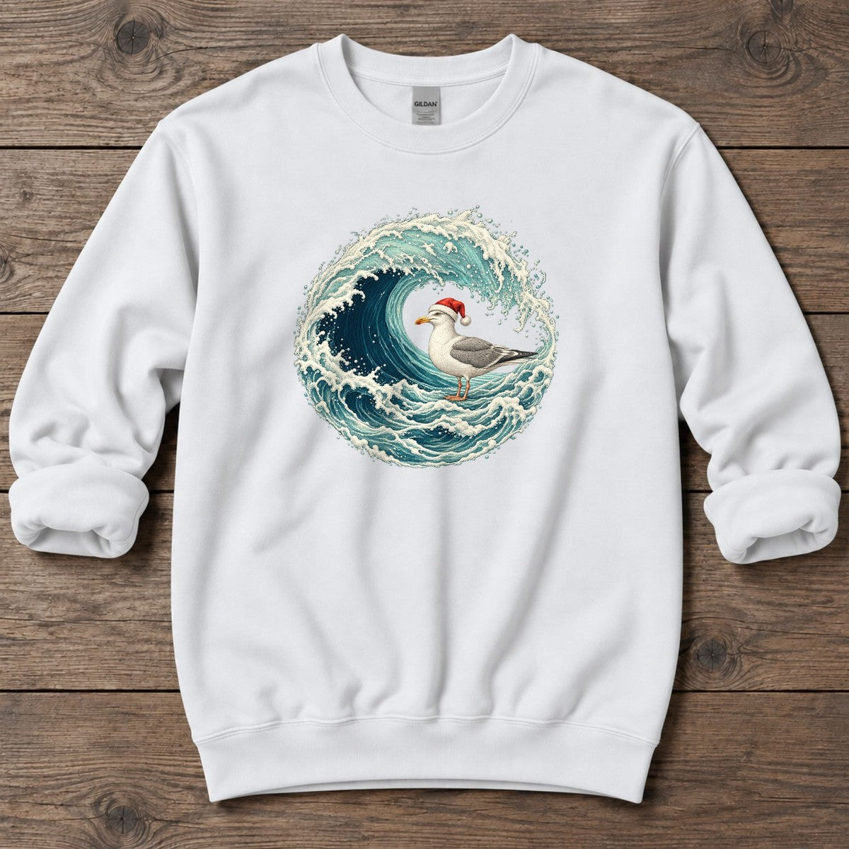Santa Seagull Wave Midweight Sweatshirt in White, Salty Paws Midweight Sweatshirt, front design flat lay