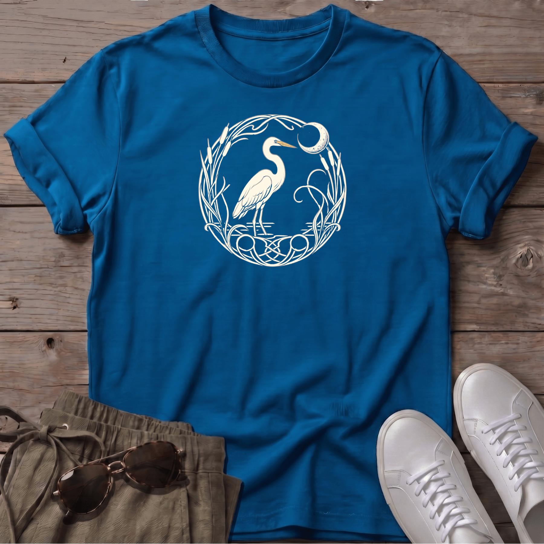 Egret Moon T-Shirt — Beach Line Art Tee - coastal bird graphic t-shirt, Salty Paws