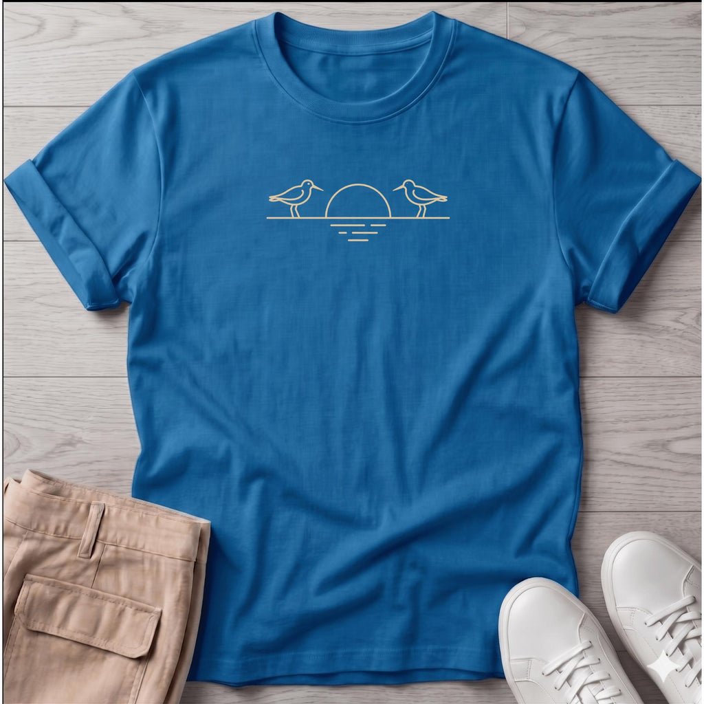Shorebirds & Sunset T-Shirt — Beach Dog Line Art Tee - coastal bird graphic t-shirt, Salty Paws