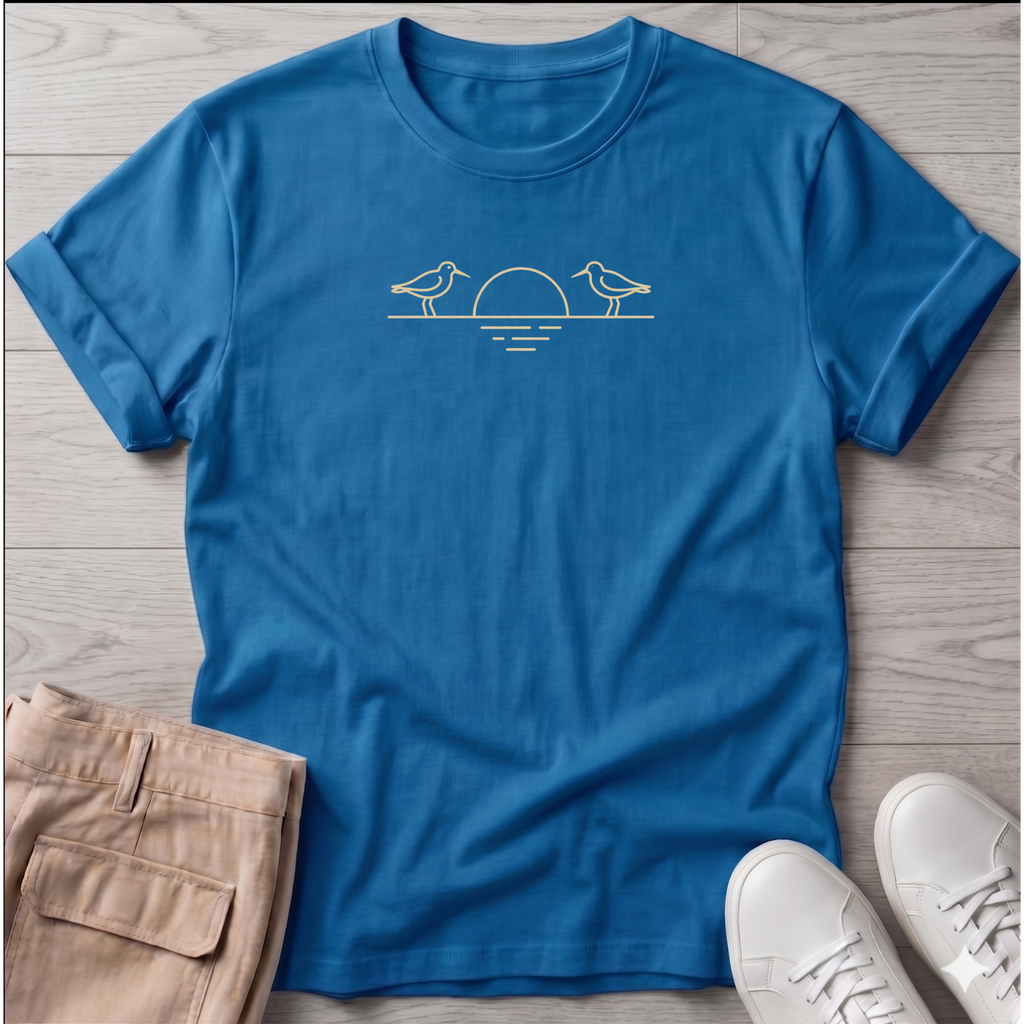 Shorebirds & Sunset T-Shirt — Beach Dog Line Art Tee