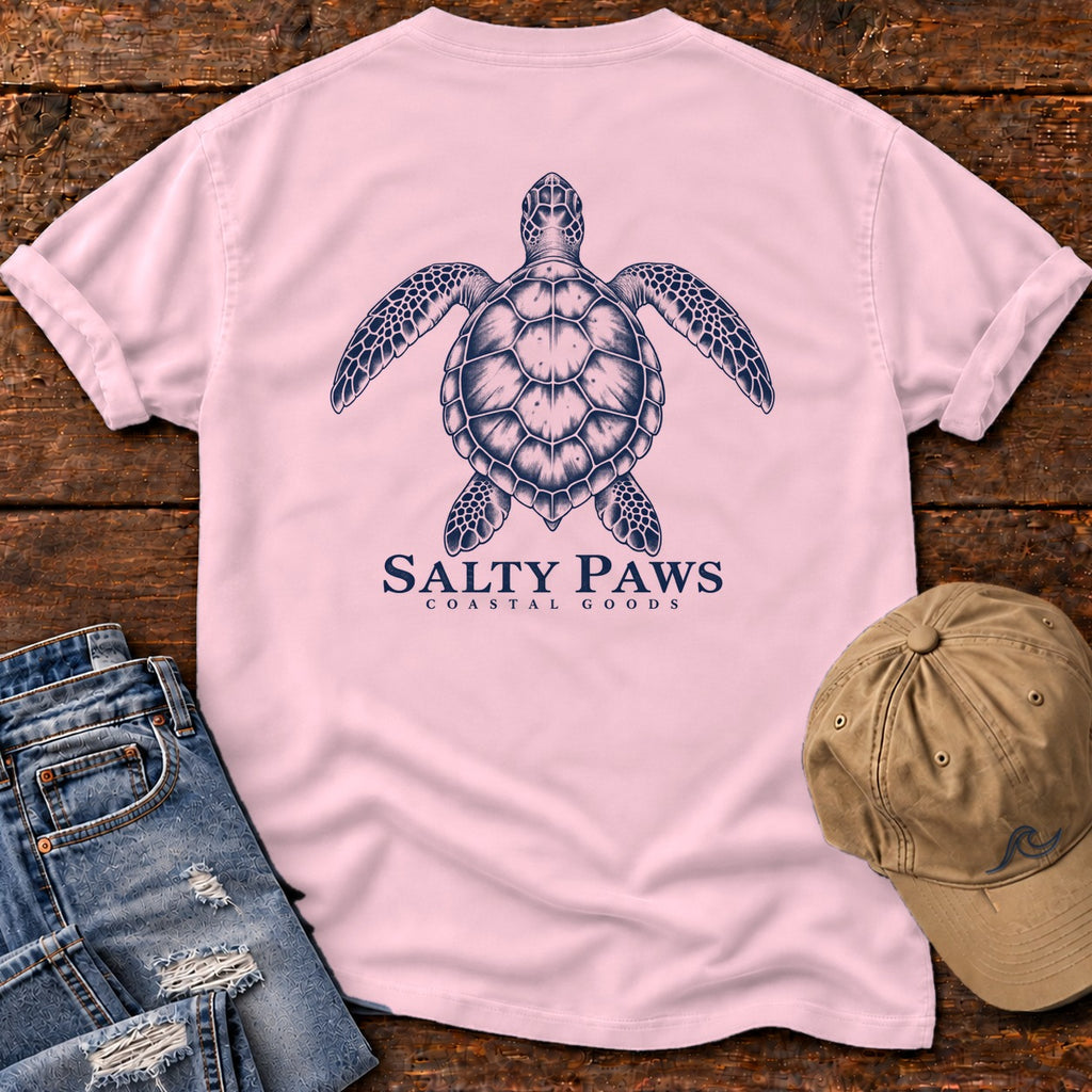 Sea Turtle Coastal Goods Back Design T-Shirt in Blossom, Salty Paws Comfort Colors T-Shirt, back design flat lay