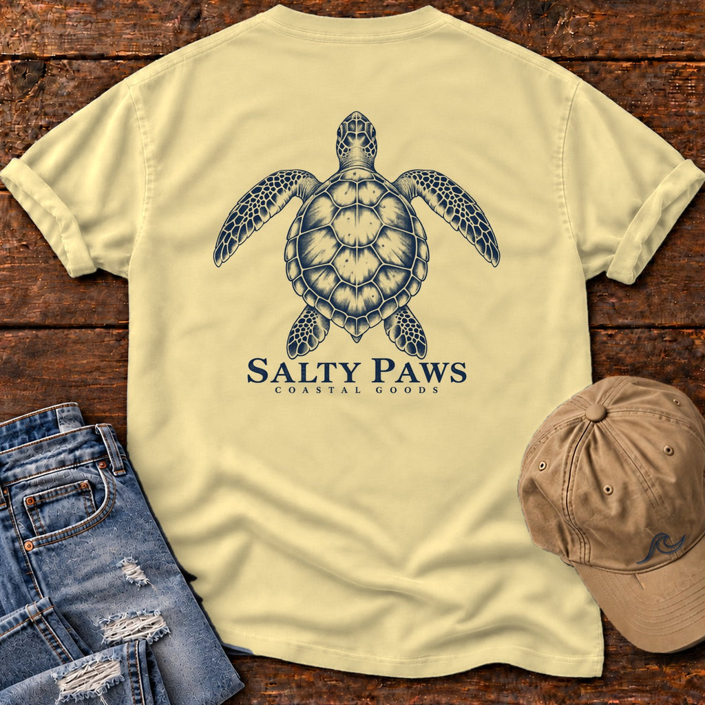 Sea Turtle Coastal Goods Back Design T-Shirt in Butter, Salty Paws Comfort Colors T-Shirt, back design flat lay