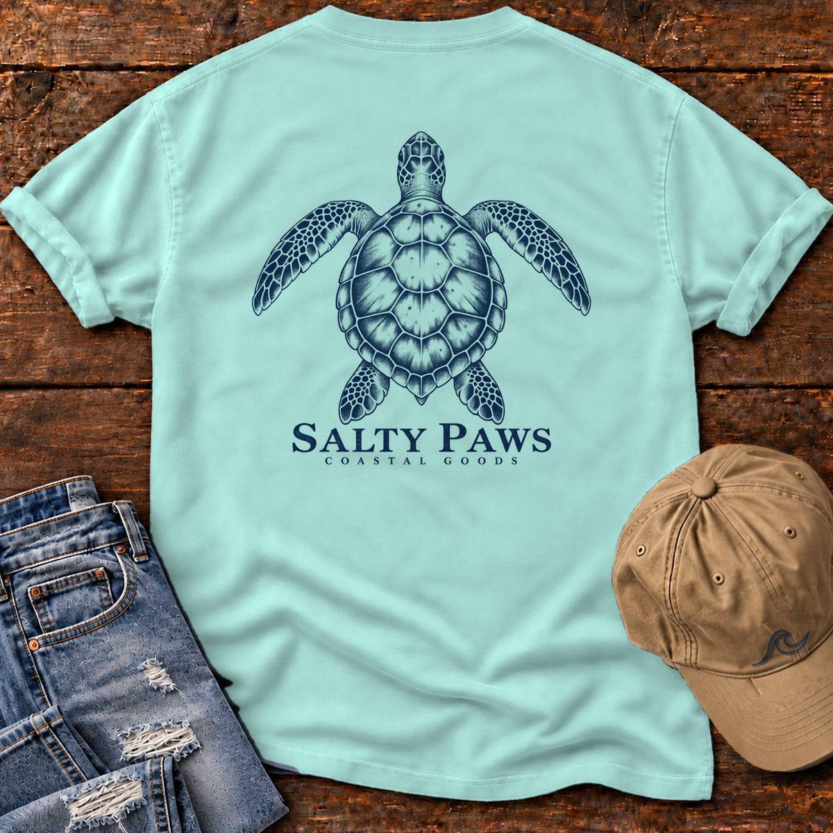 Sea Turtle Coastal Goods Back Design T-Shirt in Chalky Mint, Salty Paws Comfort Colors T-Shirt, back design flat lay