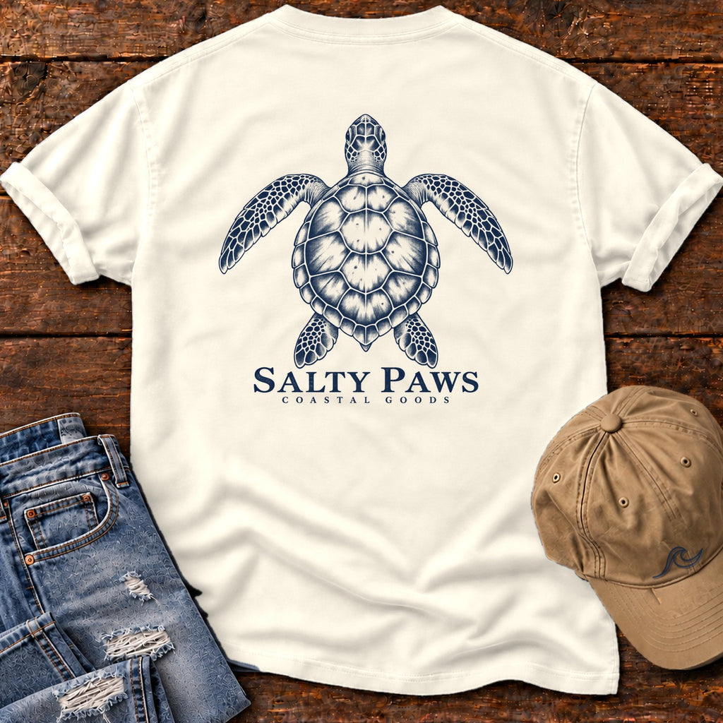 Sea Turtle Coastal Goods Back Design T-Shirt in Ivory, Salty Paws Comfort Colors T-Shirt, back design flat lay