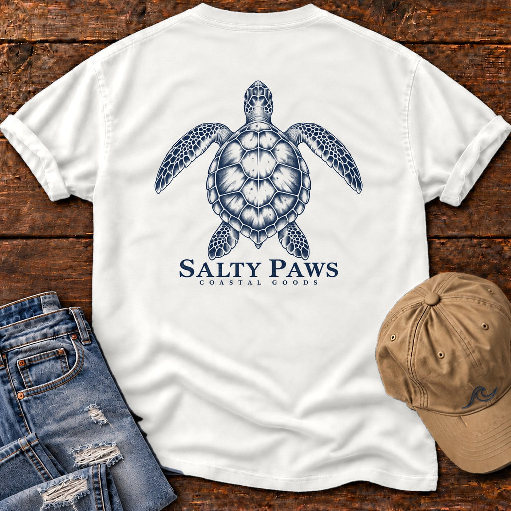 Sea Turtle Coastal Goods Back Design T-Shirt in White, Salty Paws Comfort Colors T-Shirt, back design flat lay