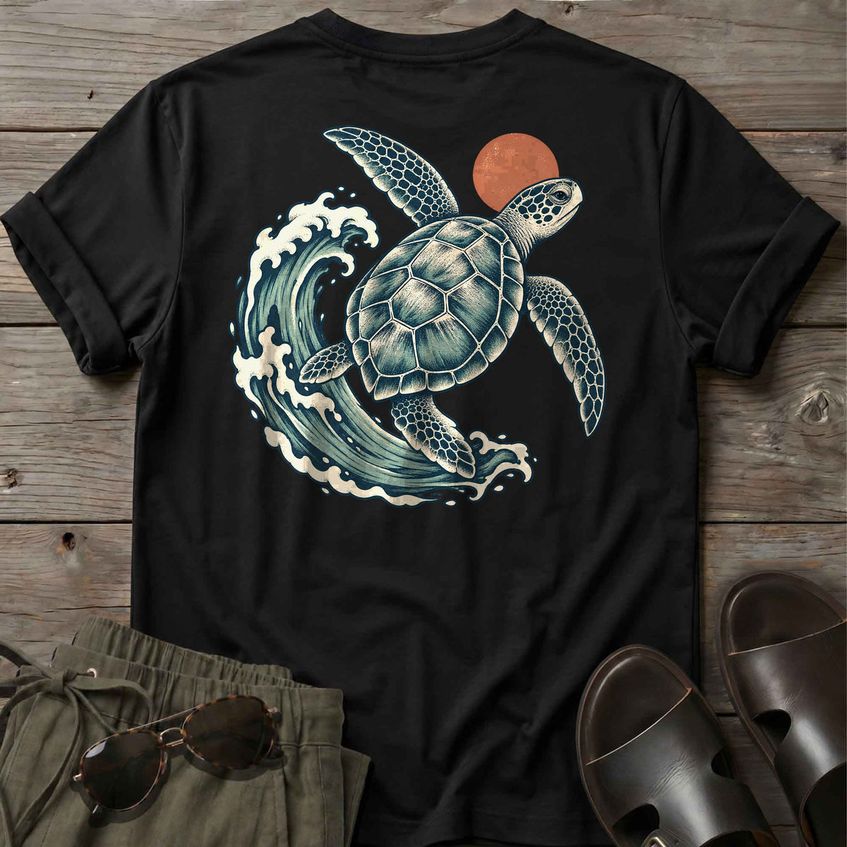 Sea Turtle Wave Back Design T-Shirt in Black