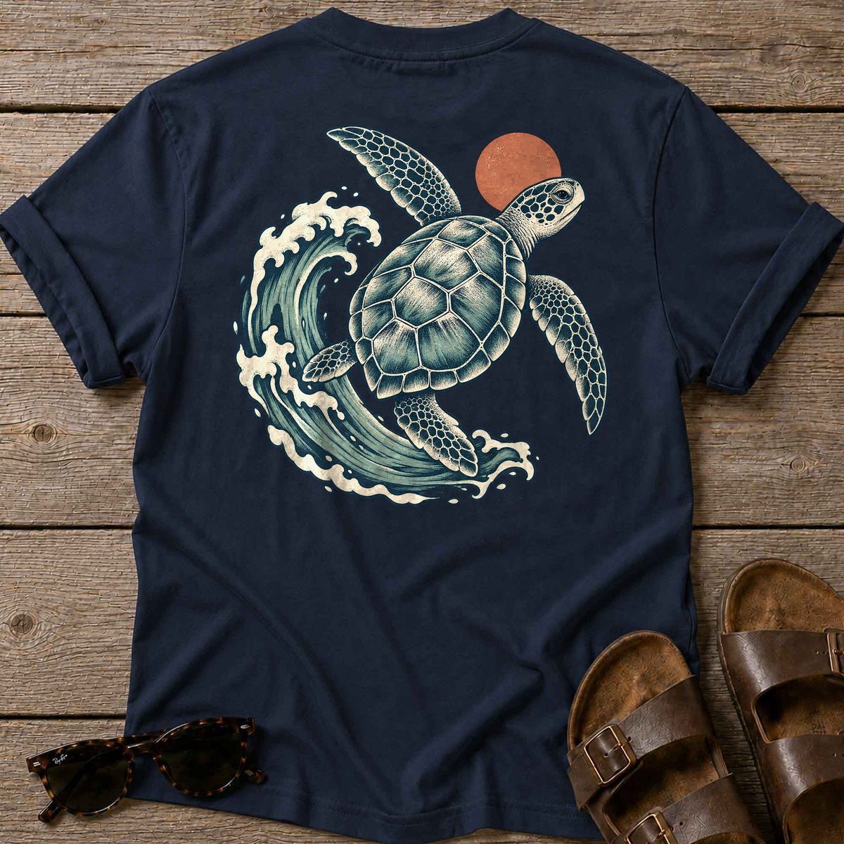 Sea Turtle Wave Back Design T-Shirt in Navy