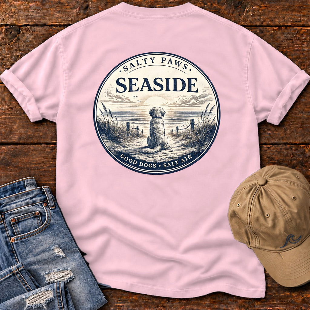 Seaside Good Dogs Back Design Comfort Colors T-Shirt in Blossom, back design flat lay