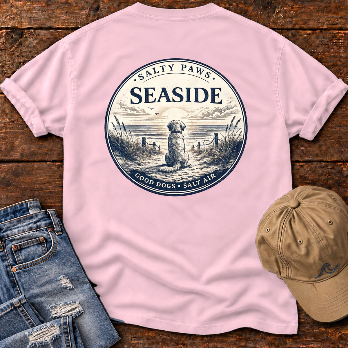 Seaside Good Dogs Back Design Comfort Colors T-Shirt in Blossom, back design flat lay