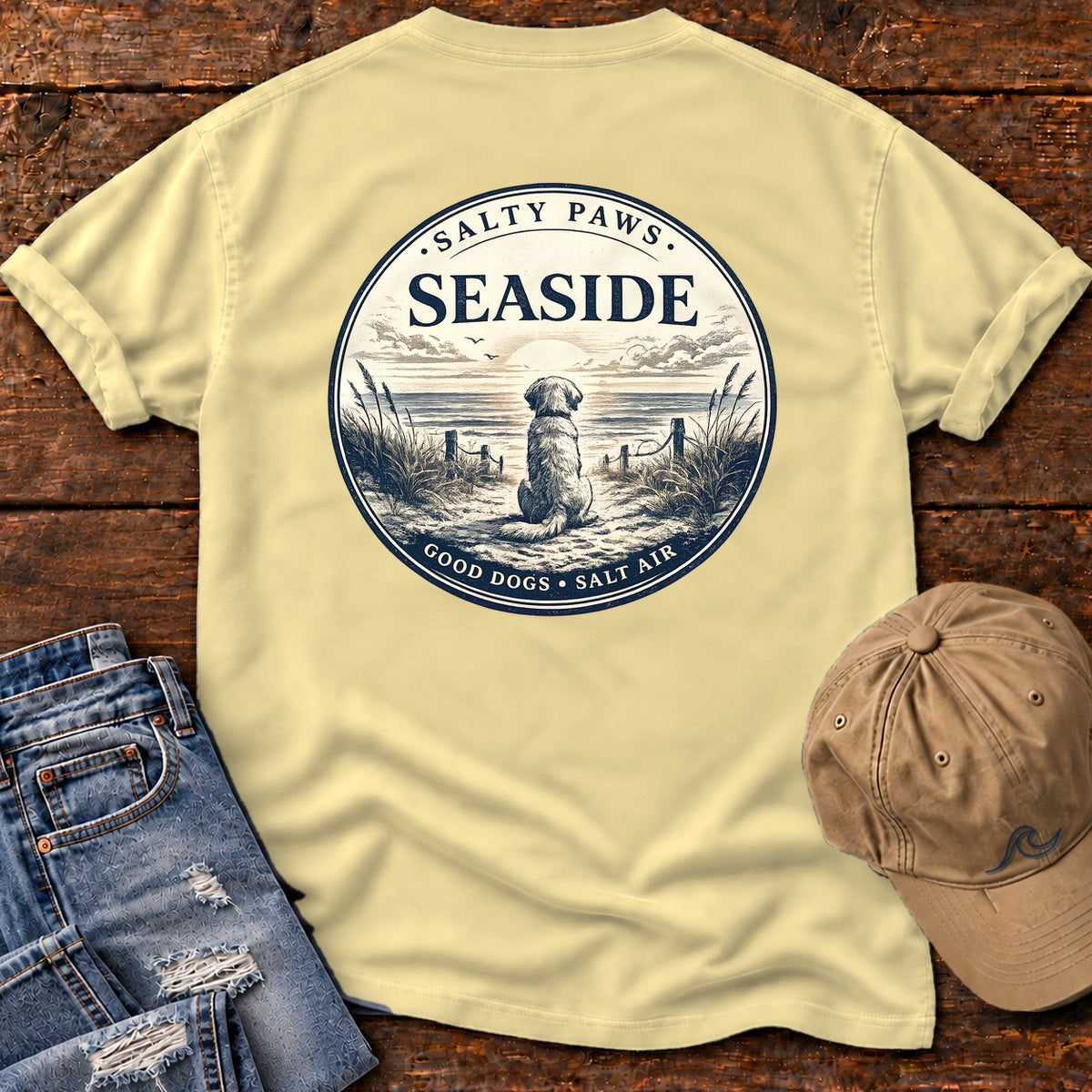Seaside Good Dogs Back Design Comfort Colors T-Shirt in Butter, back design flat lay