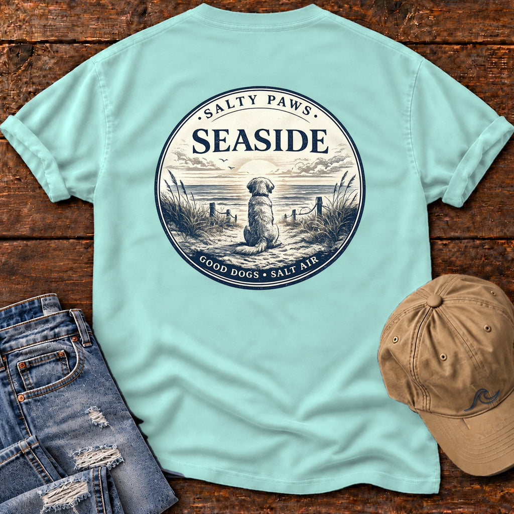 Seaside Good Dogs Back Design Comfort Colors T-Shirt in Chalky Mint, back design flat lay