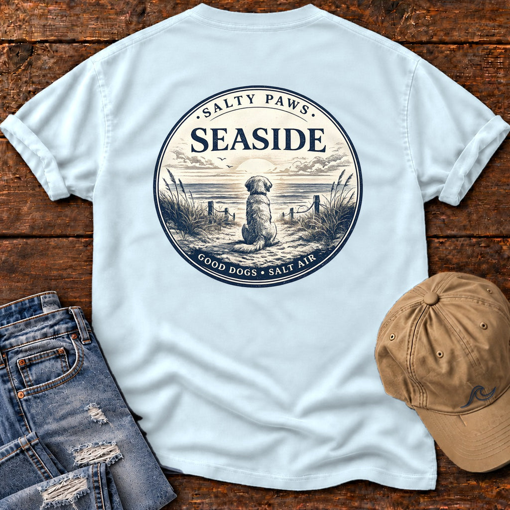 Seaside Good Dogs Back Design Comfort Colors T-Shirt in Chambray, back design flat lay