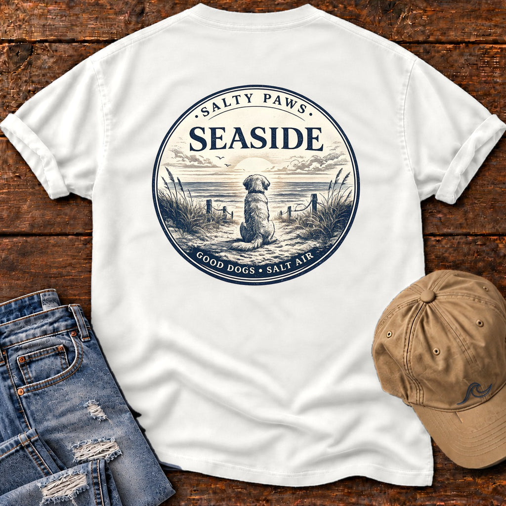 Seaside Good Dogs Back Design Comfort Colors T-Shirt in White, back design flat lay