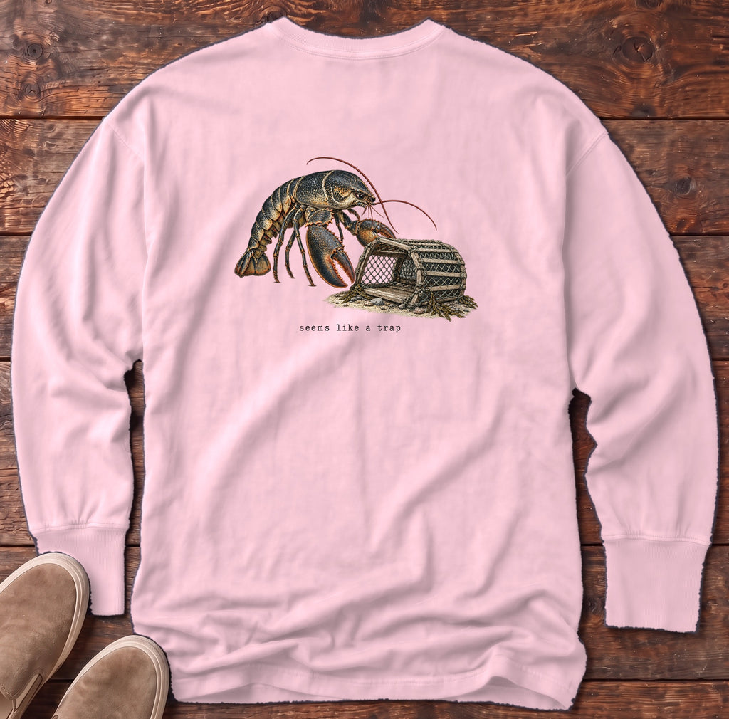 Seems Like a Trap Lobster Back Design Long Sleeve Tee Comfort Colors in Blossom, Salty Paws Comfort Colors Long Sleeve Tee, back design flat lay