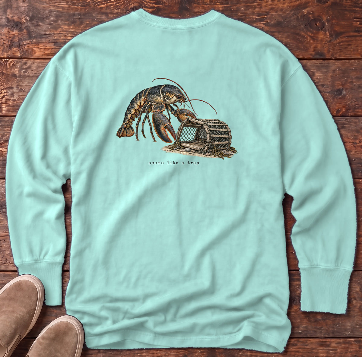 Seems Like a Trap Lobster Back Design Long Sleeve Tee Comfort Colors in Chalky Mint, Salty Paws Comfort Colors Long Sleeve Tee, back design flat lay