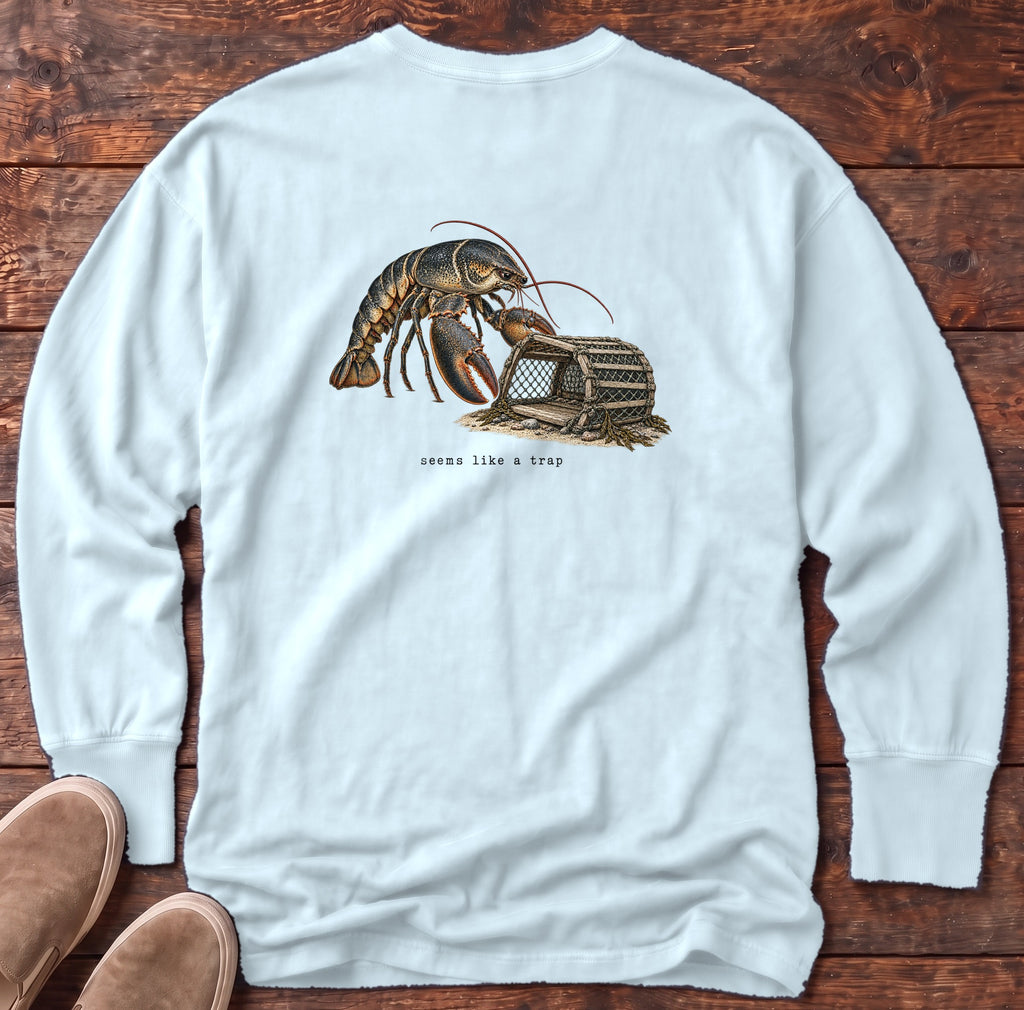 Seems Like a Trap Lobster Back Design Long Sleeve Tee Comfort Colors in Chambray, Salty Paws Comfort Colors Long Sleeve Tee, back design flat lay