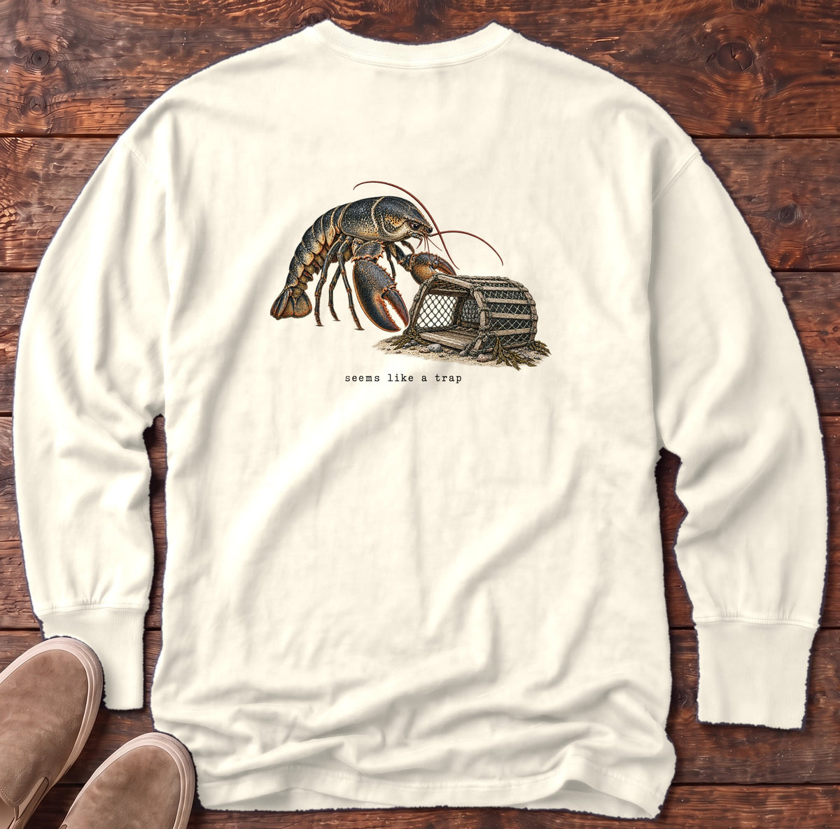 Seems Like a Trap Lobster Back Design Long Sleeve Tee Comfort Colors in Ivory, Salty Paws Comfort Colors Long Sleeve Tee, back design flat lay