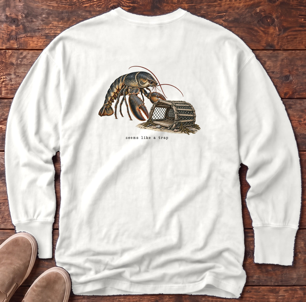 Seems Like a Trap Lobster Back Design Long Sleeve Tee Comfort Colors in White, Salty Paws Comfort Colors Long Sleeve Tee, back design flat lay