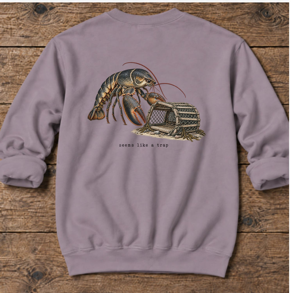 Seems Like a Trap Lobster Back Design Midweight Sweatshirt in Paragon, Salty Paws Midweight Sweatshirt, back design flat lay