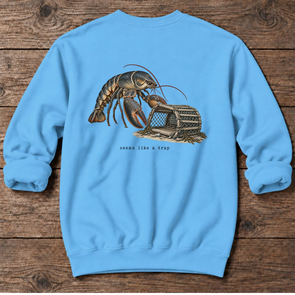 Seems Like a Trap Lobster Back Design Midweight Sweatshirt in Sky, Salty Paws Midweight Sweatshirt, back design flat lay