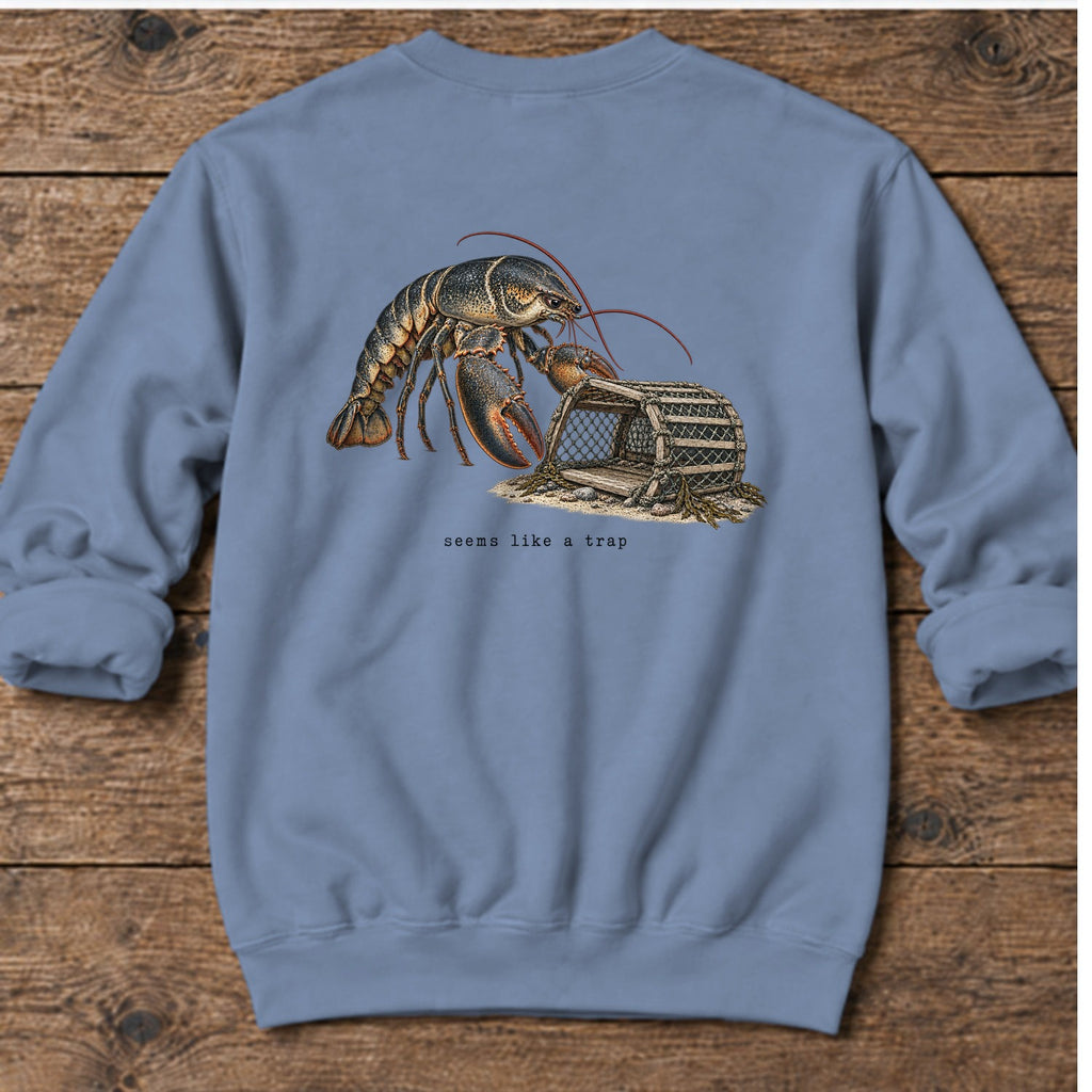 Seems Like a Trap Lobster Back Design Midweight Sweatshirt in Stone Blue, Salty Paws Midweight Sweatshirt, back design flat lay