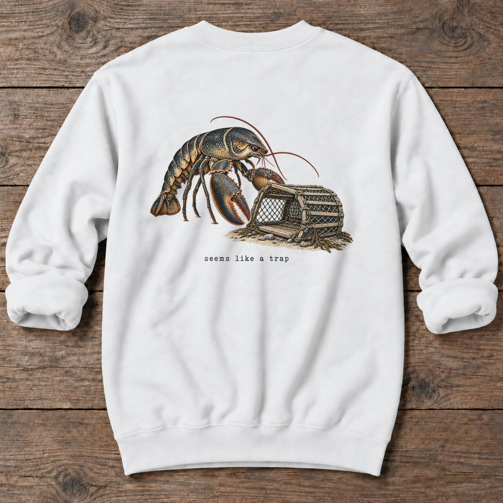 Seems Like a Trap Lobster Back Design Midweight Sweatshirt in White, Salty Paws Midweight Sweatshirt, back design flat lay