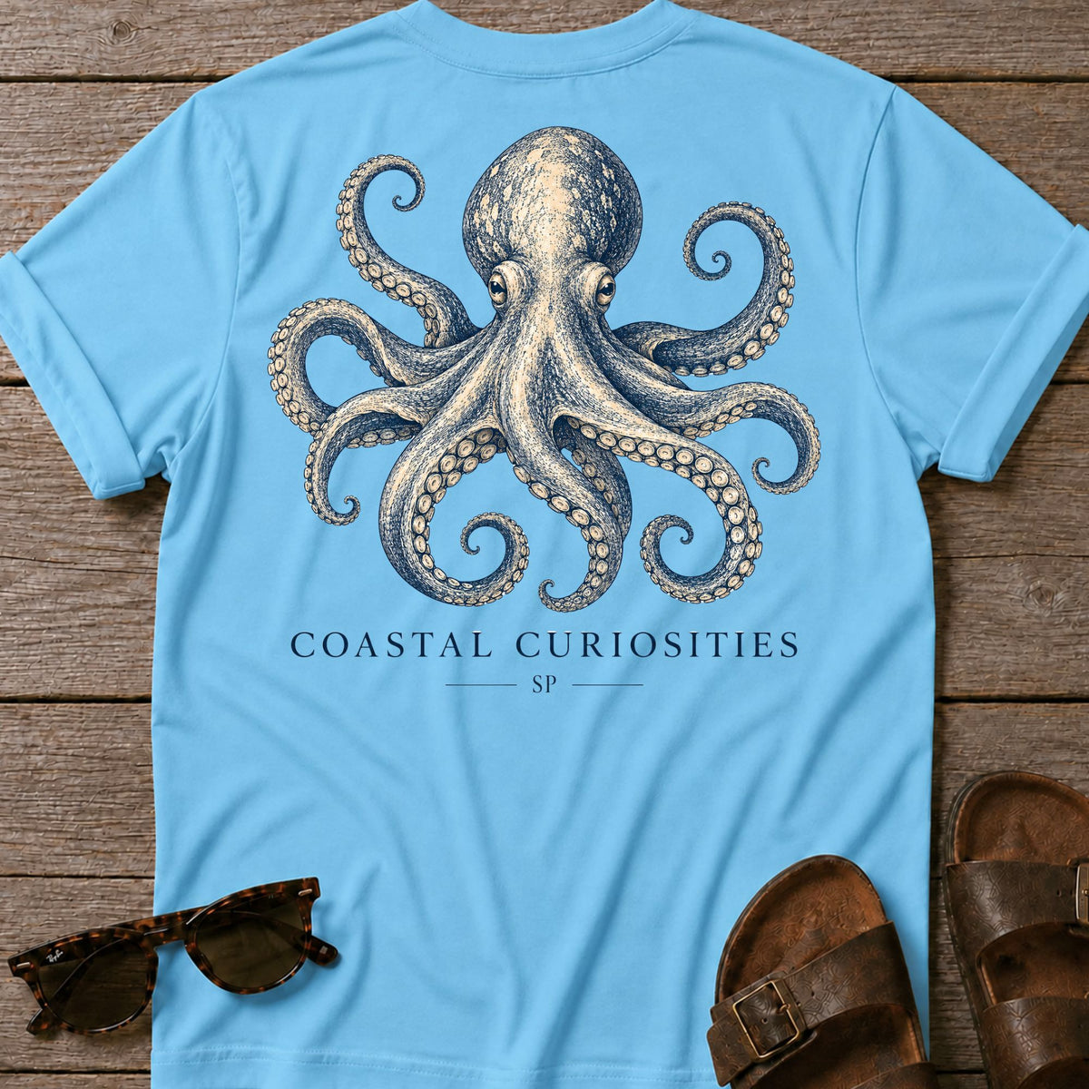 Curiosity Octopus T-Shirt in Sky, Salty Paws coastal t-shirt