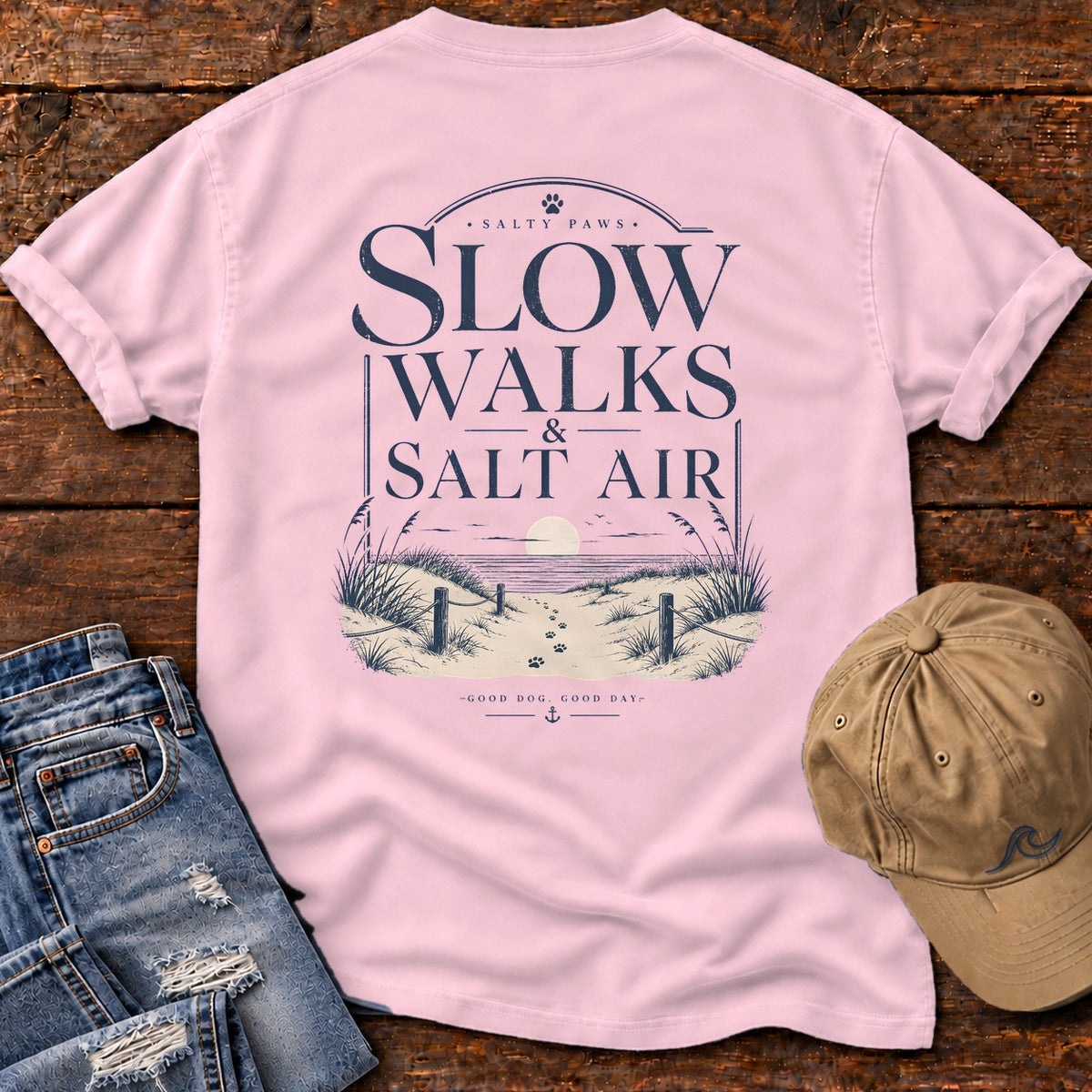 Slow Walks and Salt Air Comfort Colors T-Shirt in Blossom, back design flat lay