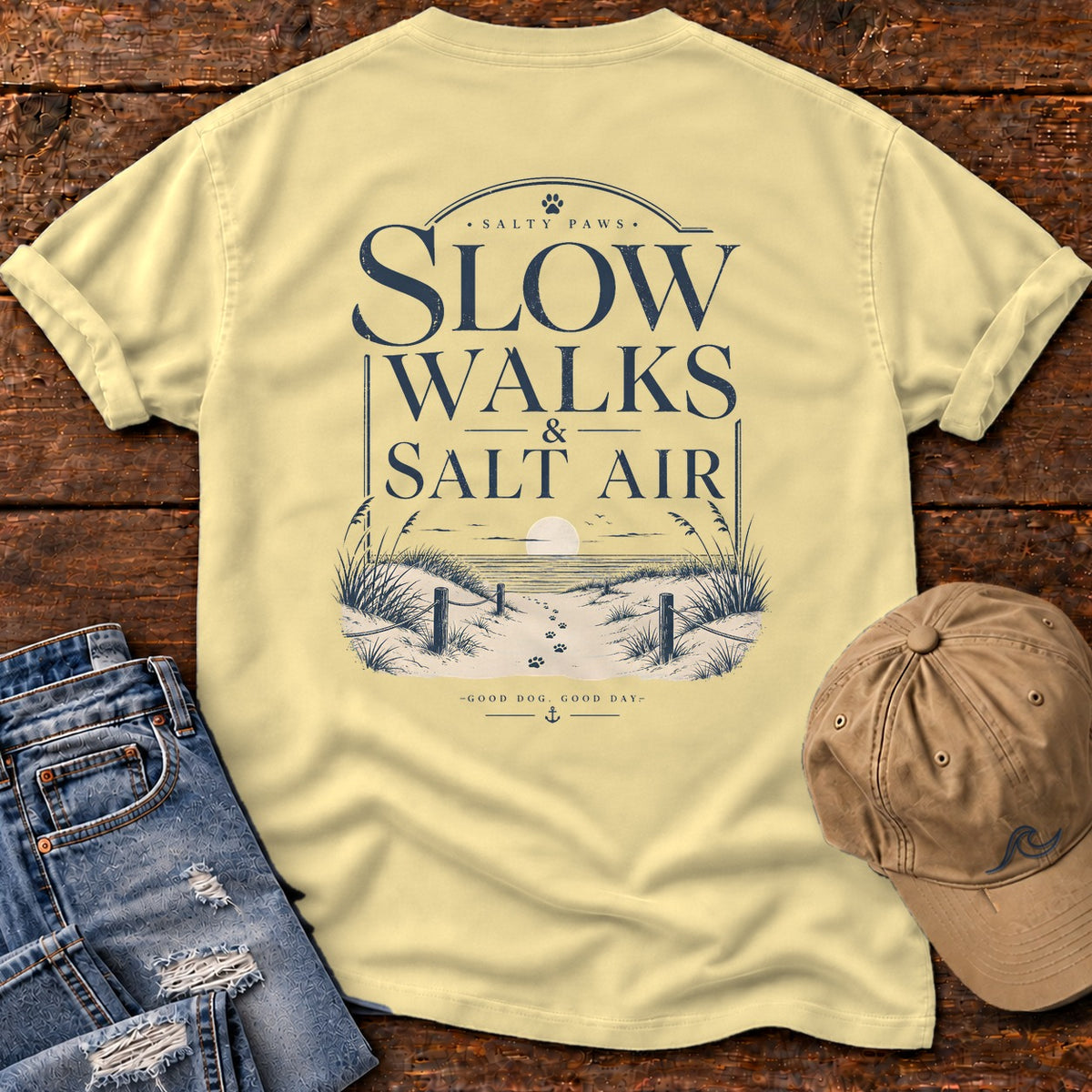 Slow Walks and Salt Air Comfort Colors T-Shirt in Butter, back design flat lay